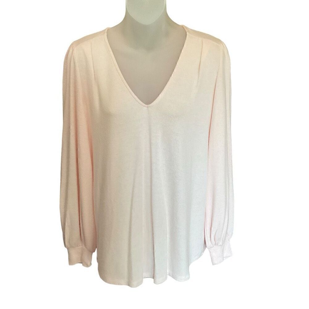 Gibson Sweater V-Neck Cozy Fleece Blouson Sleeve Pink Pastel Women Size Small
